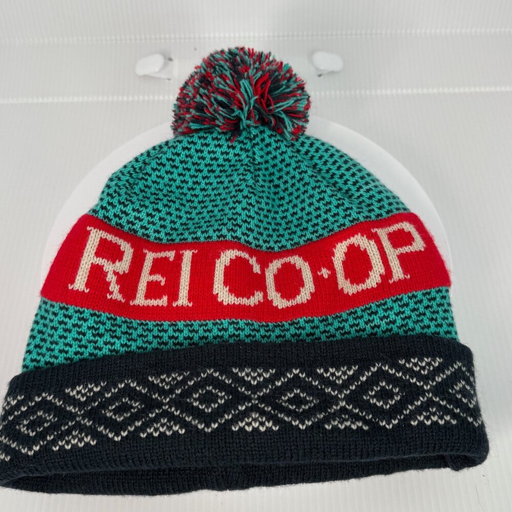 REI Co-op Knit Pom Beanie Hat One Size Teal/Red Classic Winter Cap for Ski